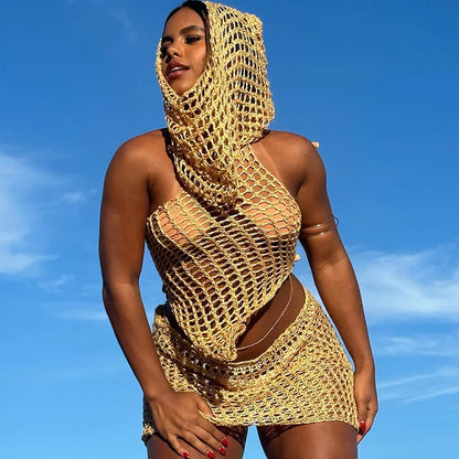 Hollow Out Knit Sequin Hooded Mini Crochet Two Piece Skirt Set