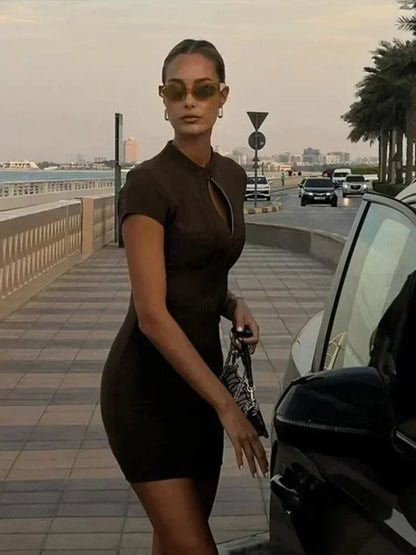 Zip Solid Color Patch Pocket Hollow Work Dress