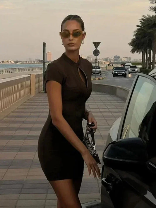 Zip Solid Color Patch Pocket Hollow Work Dress