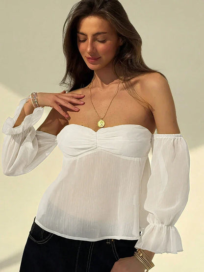 Creamy Slash Neck Flared Strapless