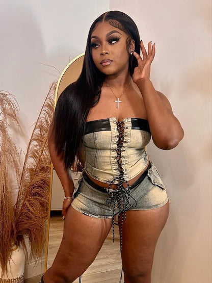 Denim Leather Edging Strapless Top Vintage Two Piece Shorts Set