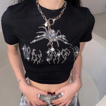 Spider Rhinestone Slim Crop T-shirt