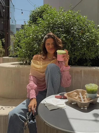 Pink Gradient Chiffon Pleated Blouse