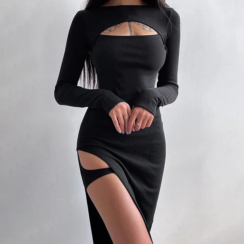 Hollow Split Knit Y2K Midi Dress