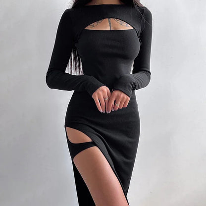 Hollow Split Knit Y2K Midi Dress