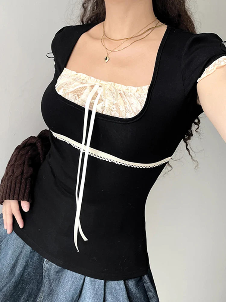 Contrast Lace Patchwork Y2K Black Crop Top