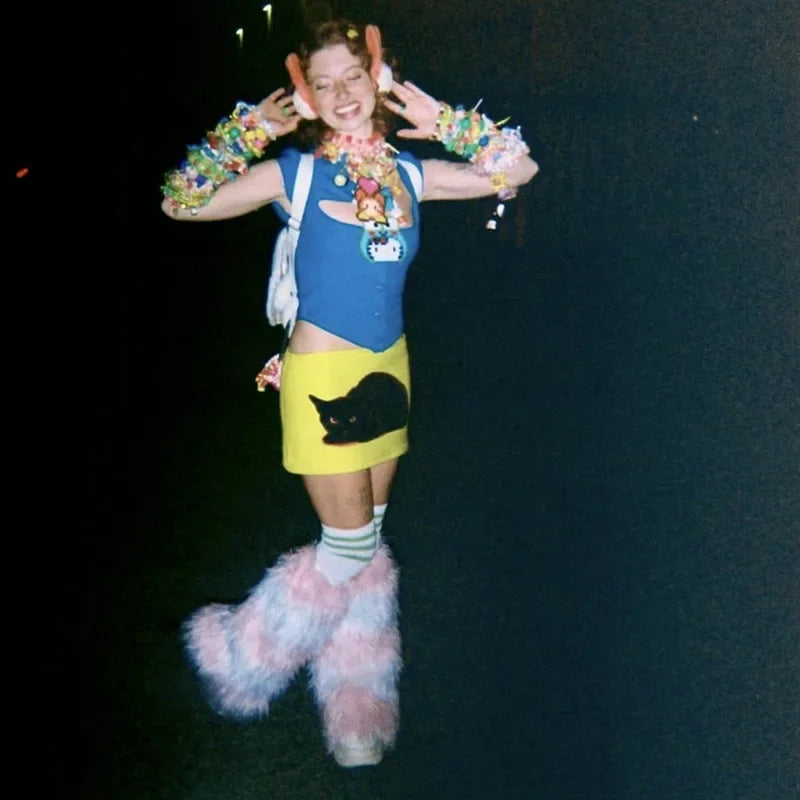 Black Cat Digital Print Low Waist Mini Two Piece Skirt Set