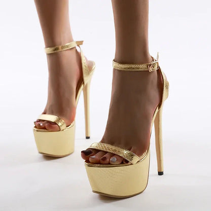 Peep Toe Buckle Strap Catwalk Wedding Gold Platform Thin Heel High Heel