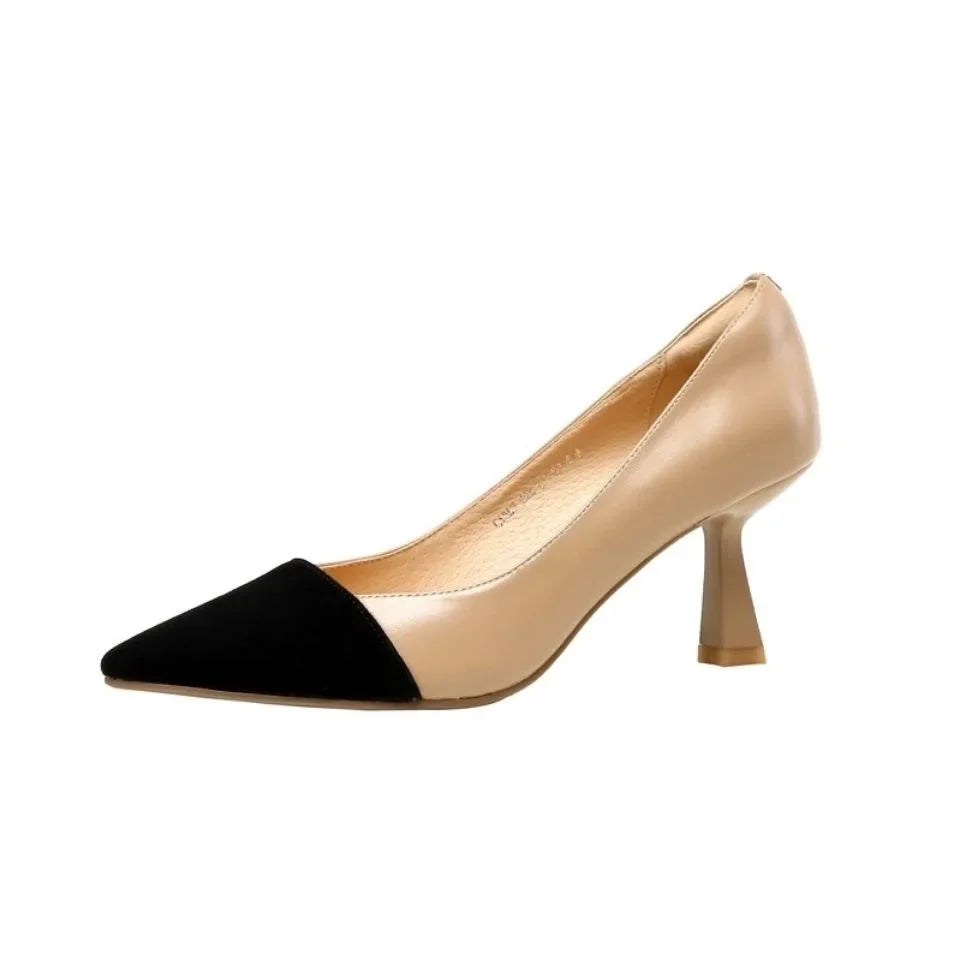Sexy Pointed Elegant Summer Korean Fashion Apricot Black Color Block High Low Heel Pumps