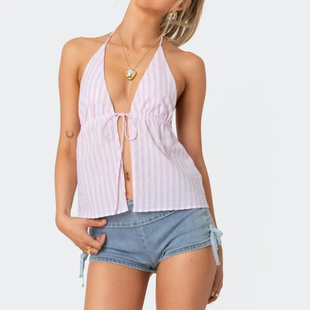 Y2K Striped Backless Tie-Up Front Halter Cami Top