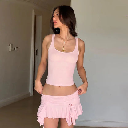 Pleated Tank Skirt Pink Knit Set