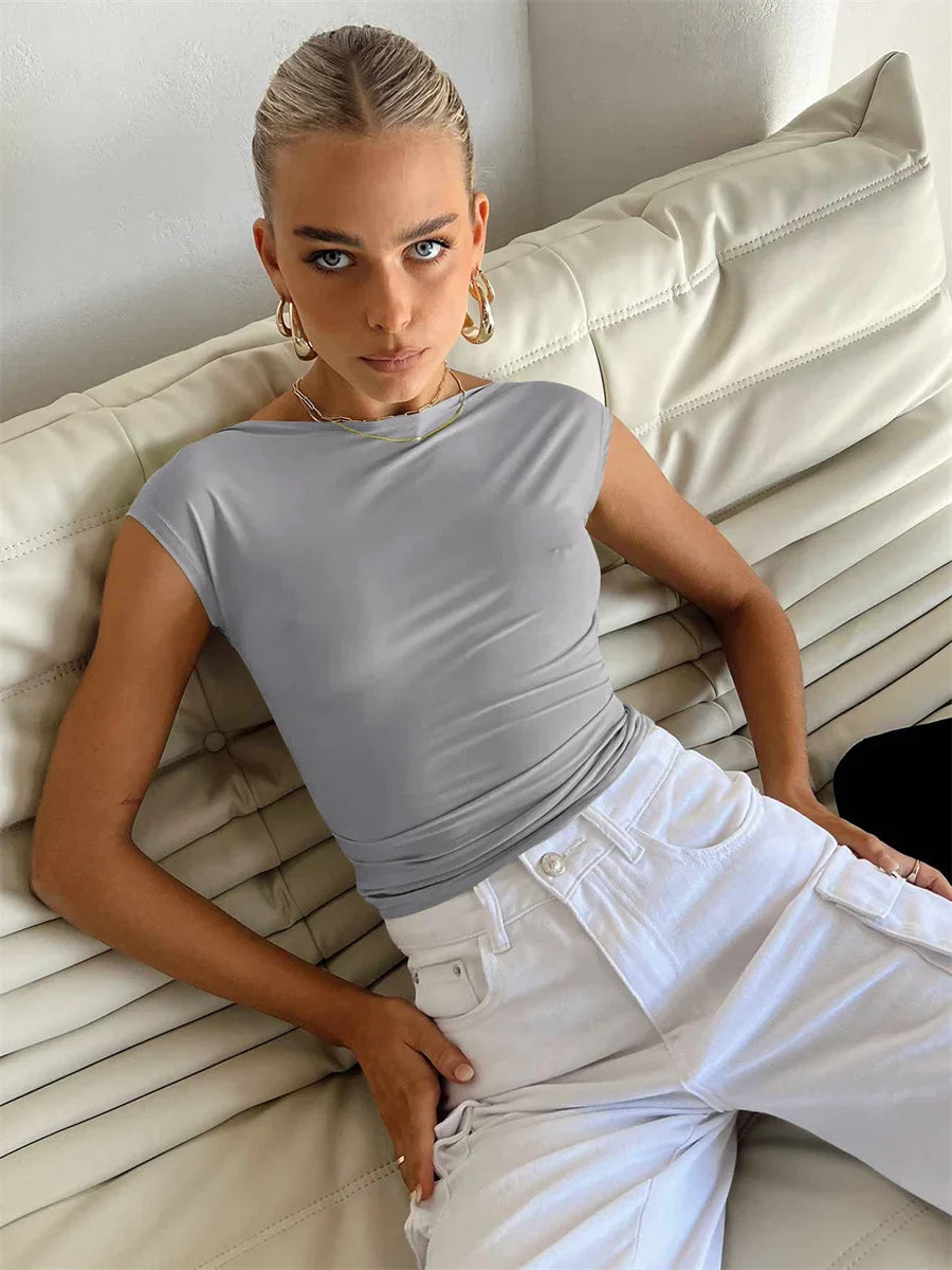 Backless Short Sleeve Crop Top