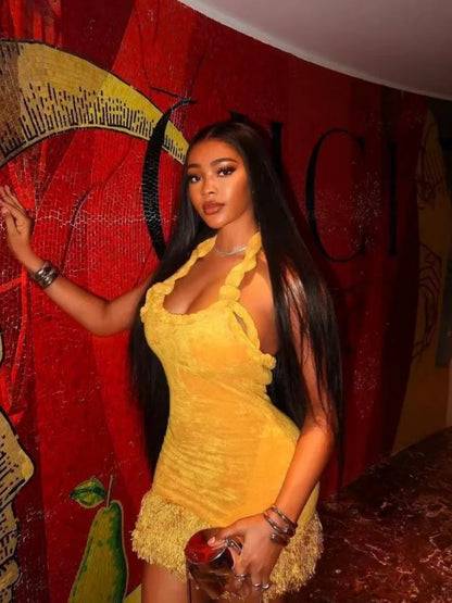 Tassel Halter Bandage Patchwork Party Dress