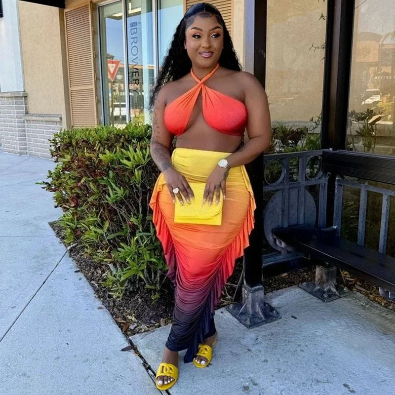 Gradient Halter Crop Top Ruffles Three Piece Swim Sets