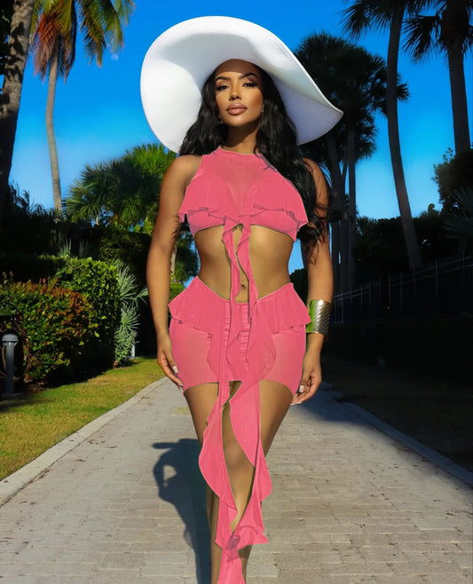 Mesh Ruffle Luxury Beach Elegant Two Piece Skirt Set