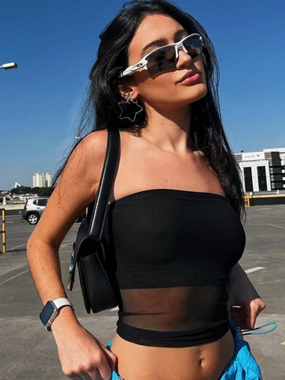 Slim Fit Mesh Solid Colour Sheer Top