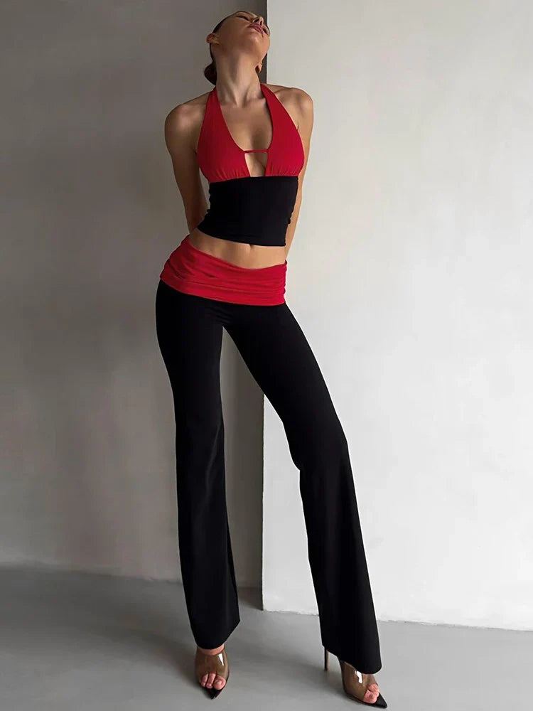 Patchwork Backless Ruched Pants Set
