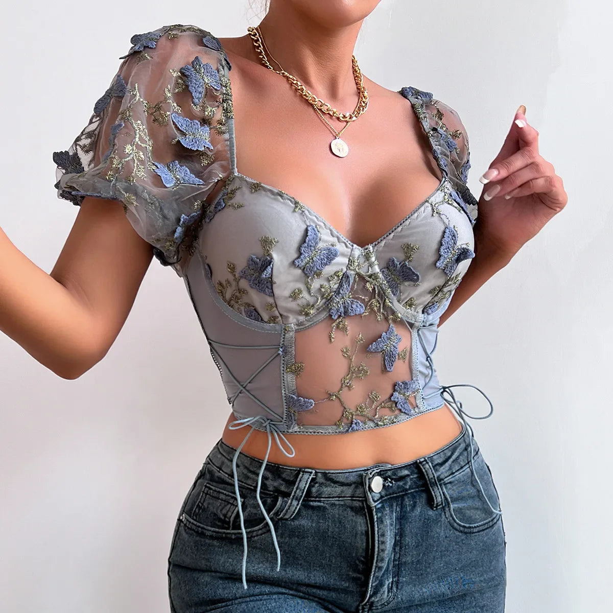 Puff Sleeve Mesh Patchwork Boho Crop Top