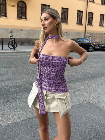 Leopard Halter Tube Crop Strapless