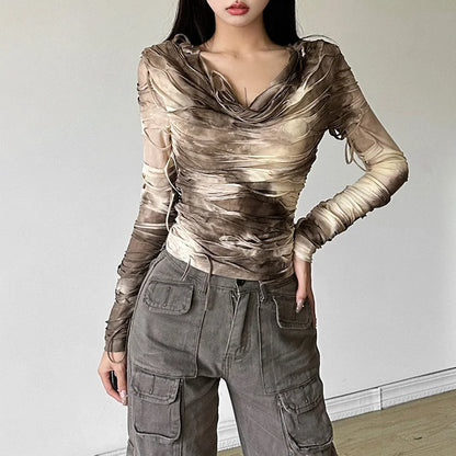 Tie Dye Ripped Hooded Sheer Top