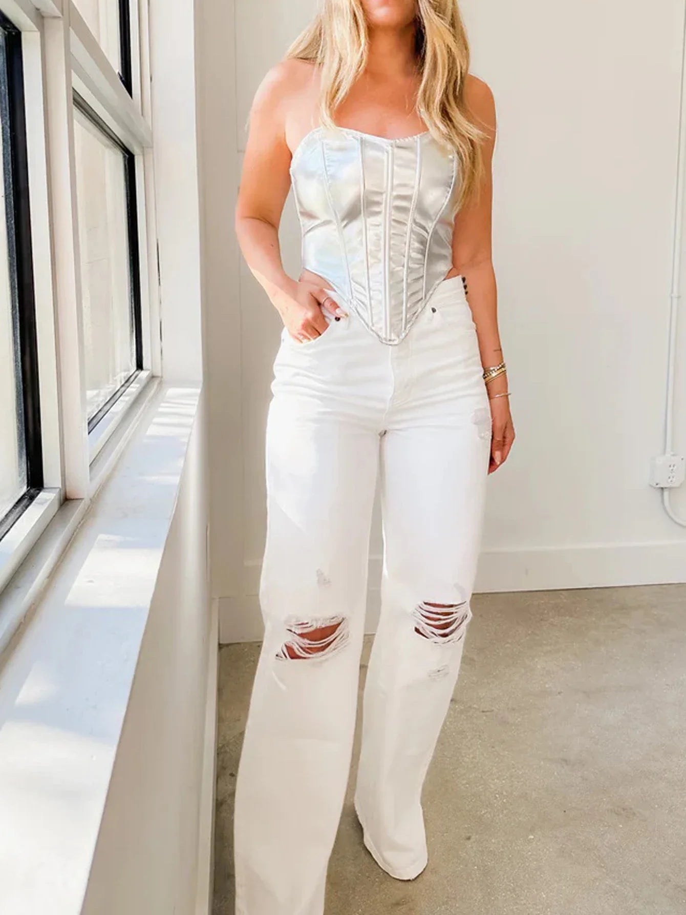 Silver Waist Cinched Base Strapless