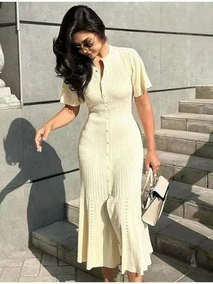 Contrast Single Breasted Knitted A-Line Work Dress