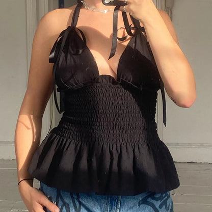 Y2K Floral Print Ruffled Hem Tie-Up Cami Top