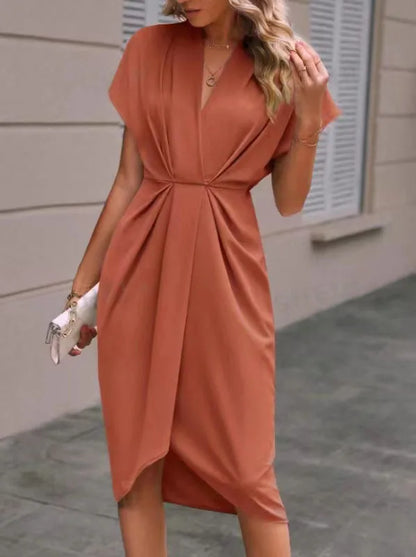 Short Sleeve Deep V Neck Draped High Waist Work Dress