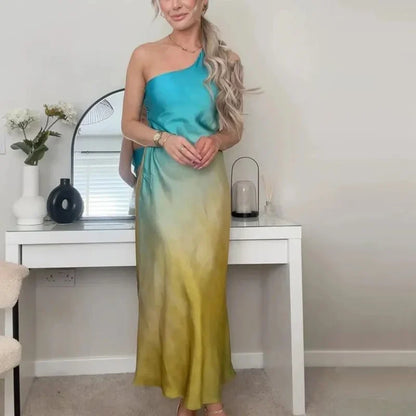 Satin Tie Dye Asymmetric Off Shoulder Midi Dress