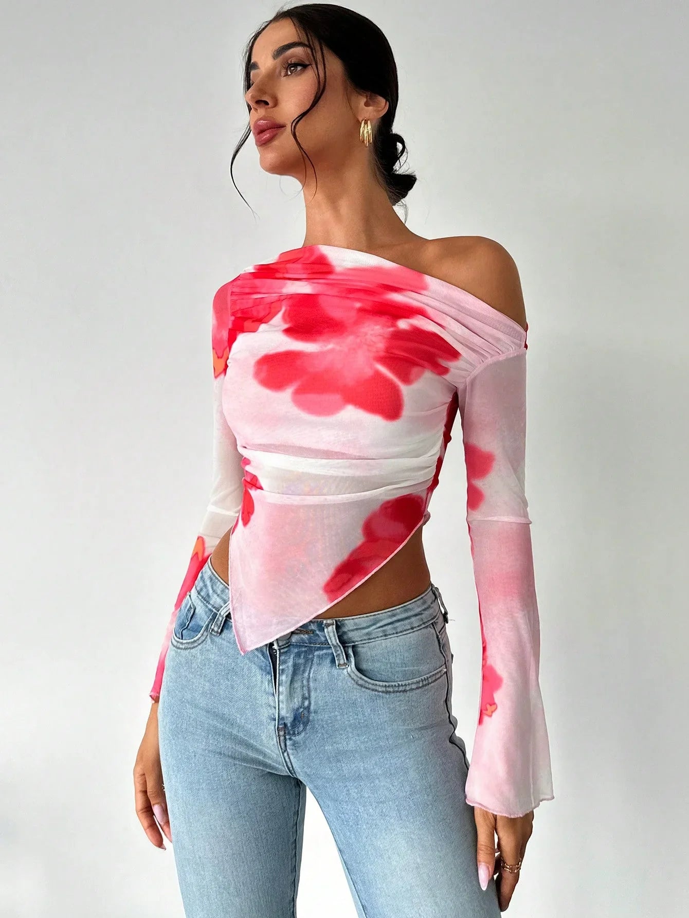 Oblique Tie-Dye Long Sleeve Sheer Top