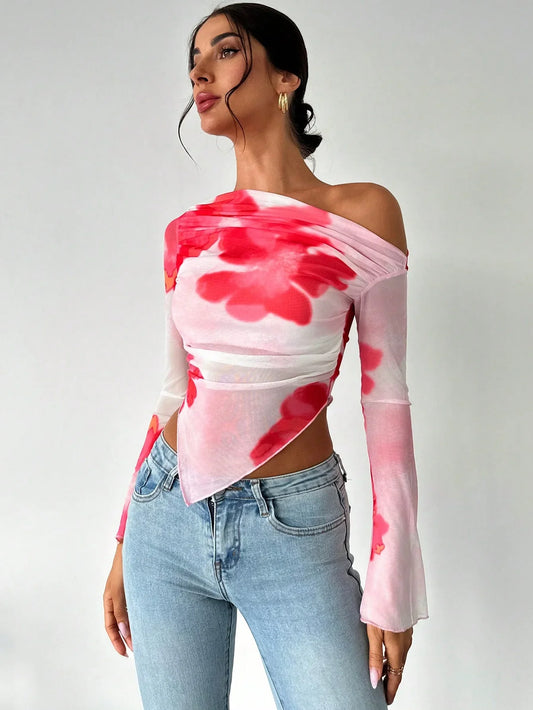 Oblique Tie-Dye Long Sleeve Sheer Top