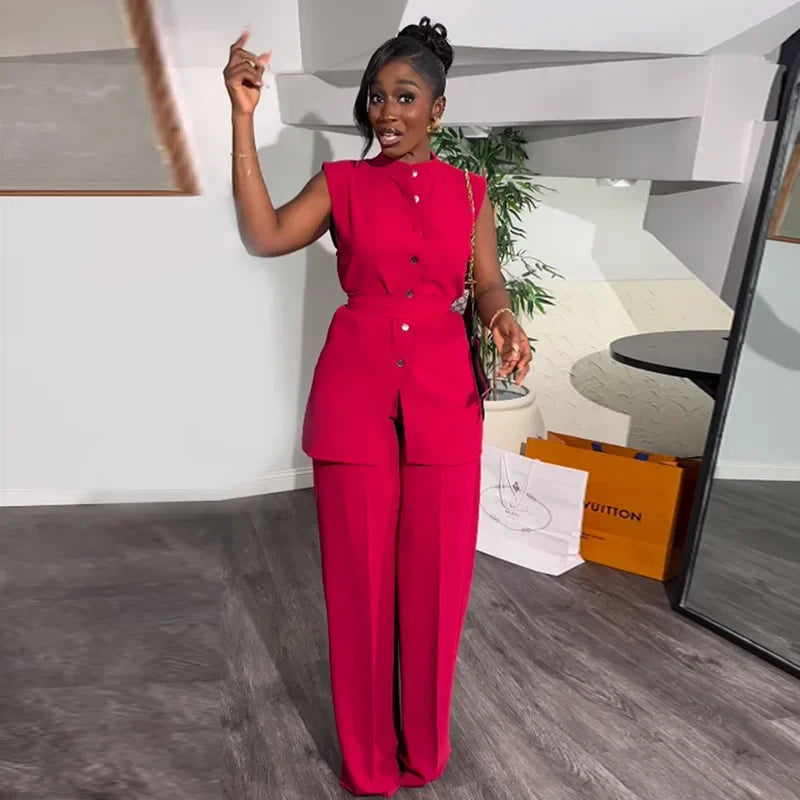 Sleeveless Belt Shirt Pant Suit