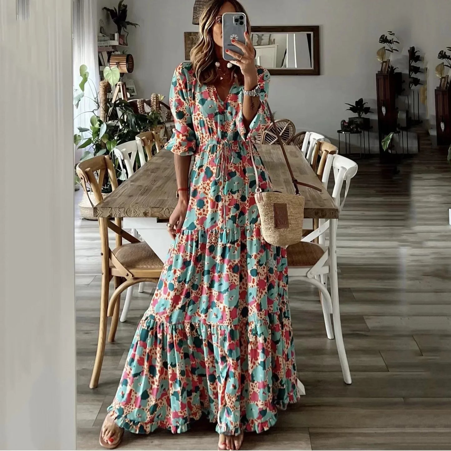 Printed Lace Up Swing Maxi Dress