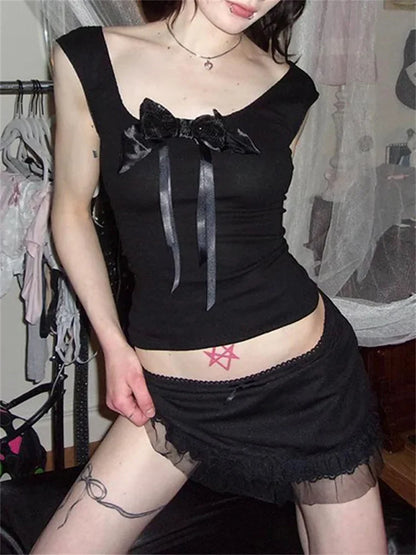 Mesh Lace Bow Strap Backless Cami Top