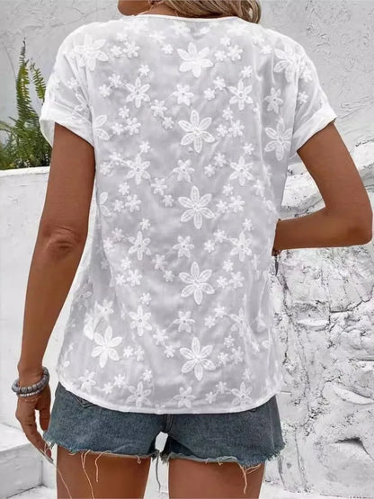 Loose White Lace V-neck Short Sleeve Blouse