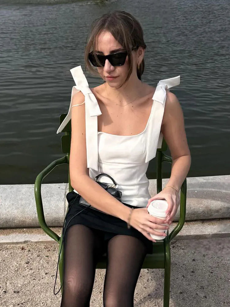 Sexy Bow Square Collar Sling Slim Cami Top