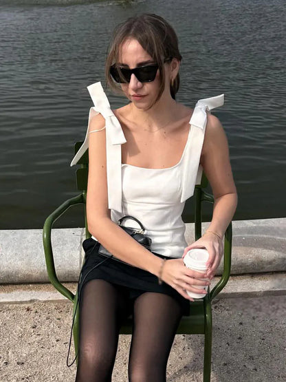 Sexy Bow Square Collar Sling Slim Cami Top