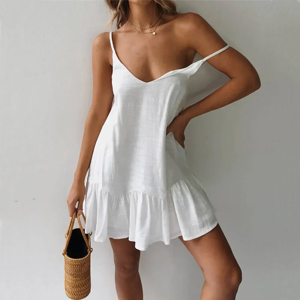 Spaghetti Strap Ruffle Cotton Linen Off Shoulder Slip Dress