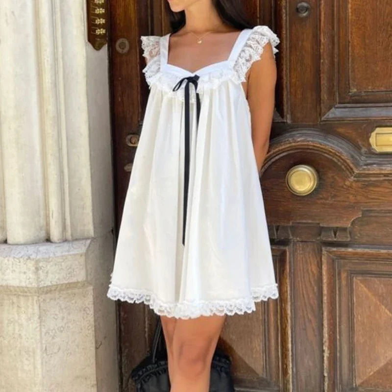 Ribbon Bow Lace Trim A-Line Mini Dress