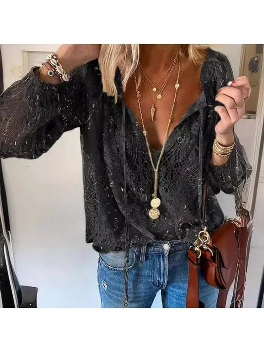 Vintage Button Lace-up Long Sleeve Blouse