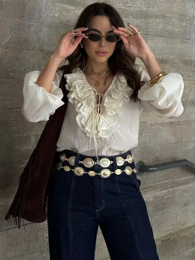 Fashion Solid V-neck Lantern Long Sleeve Blouse