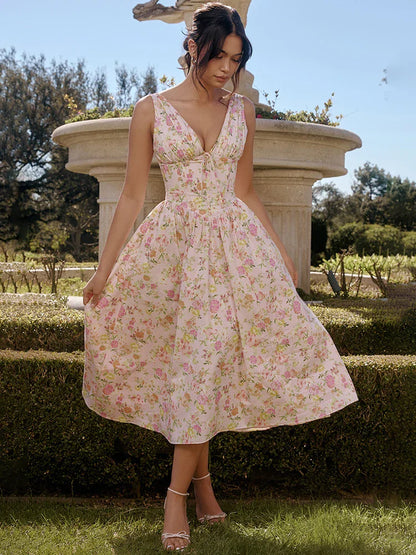 Waist Wrap Spaghetti A-Line Floral Dress