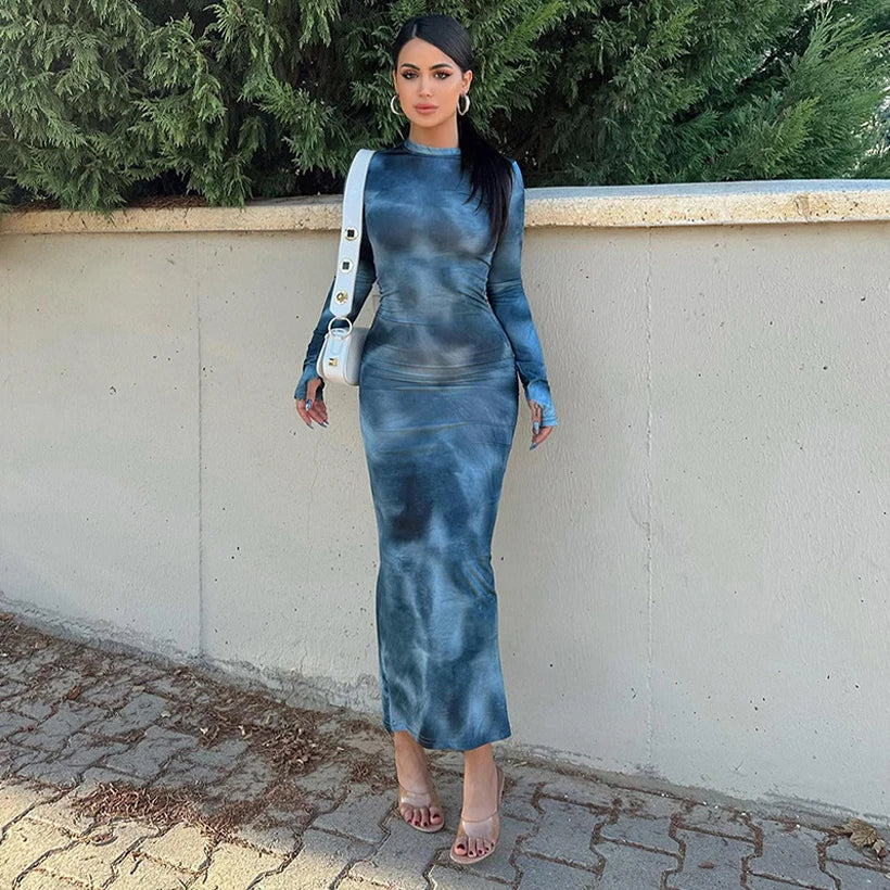 Tie Dye Long Sleeve Wrap Midi Dress