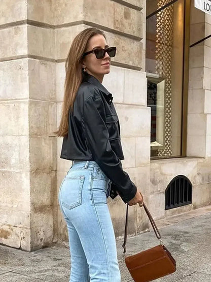 Cropped Lapel PU Leather Jacket