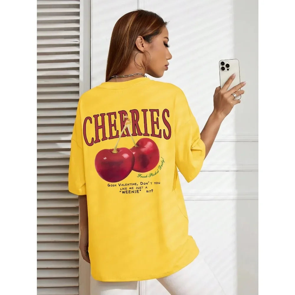 Cherry Print Loose Cotton T-shirt