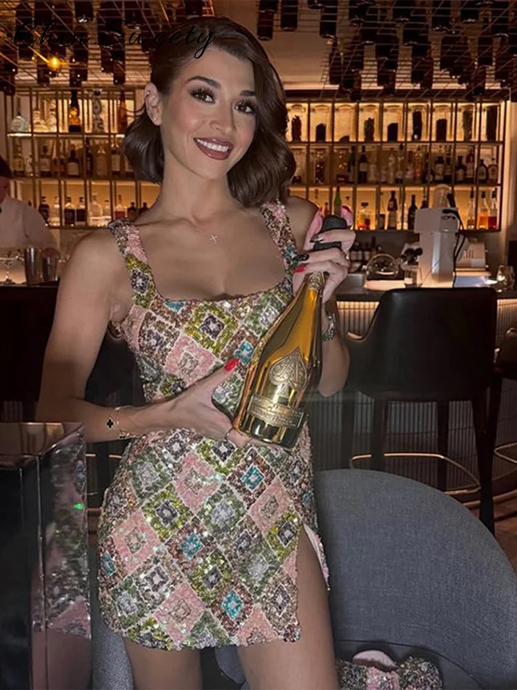 Sequined Square Collar Sling Mini Dress