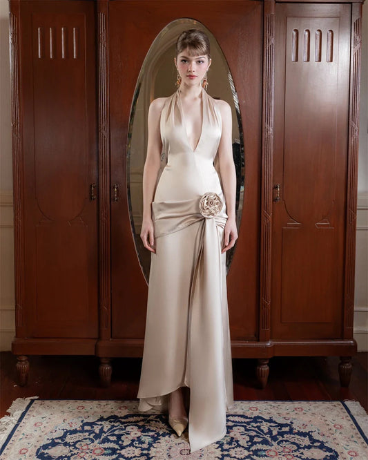 Ivory Satin Halter Flowers Sleeveless Silk Dress