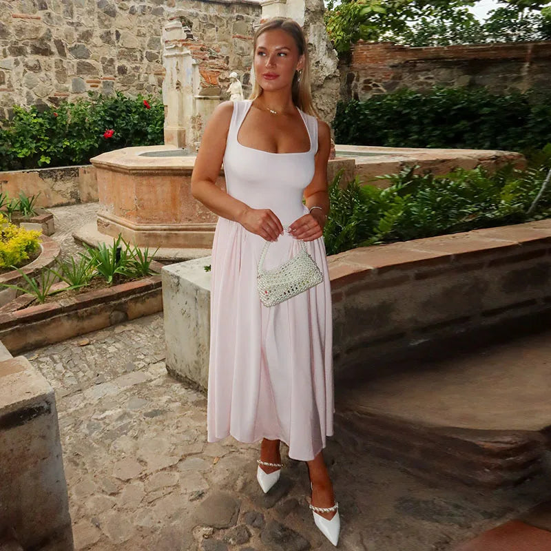 Solid Pleated Square Neck Midi Dress