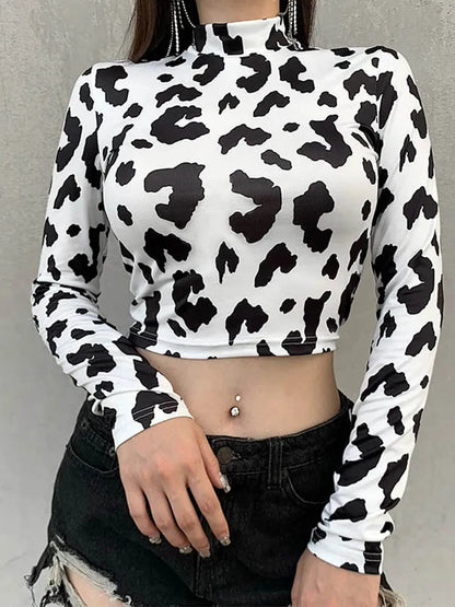 Milk Cow Print Slim Crop Sheer Top