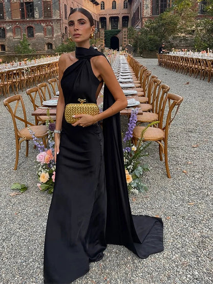 Satin Scarf Collar Halter Maxi Dress